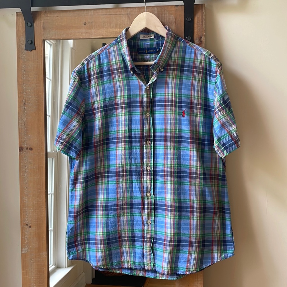 Polo Ralph Lauren Blue Plaid Short Sleeve Button Down Shirt Size XL